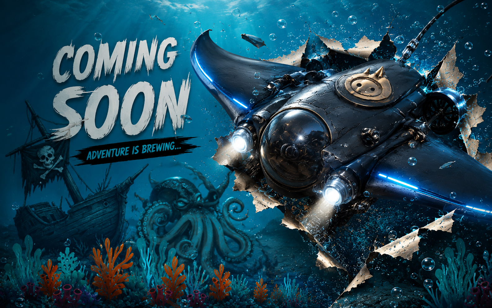 Futuristic submarine bursting through an underwater treasure hunt scene with coming soon text
